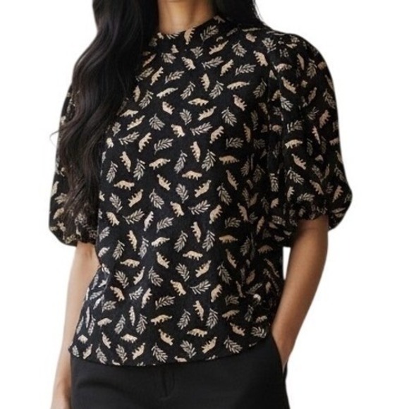 THML Tops - THML Leopard Leaf Print Mock Neck Puff Sleeve Black Blouse NWT $69 Small‎
